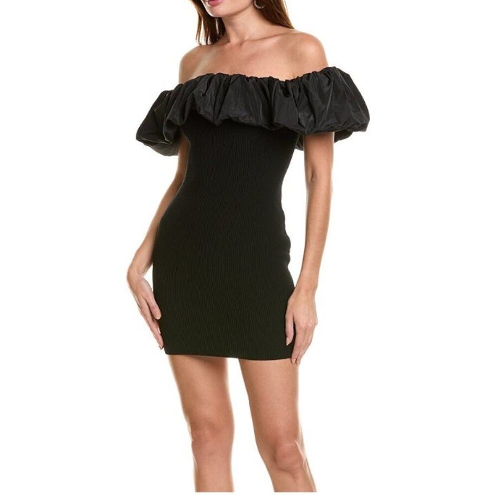 NEW $118 ASTR Black Ruffle Off Shoulder Rib Knit Cherie Mini Dress Large Party